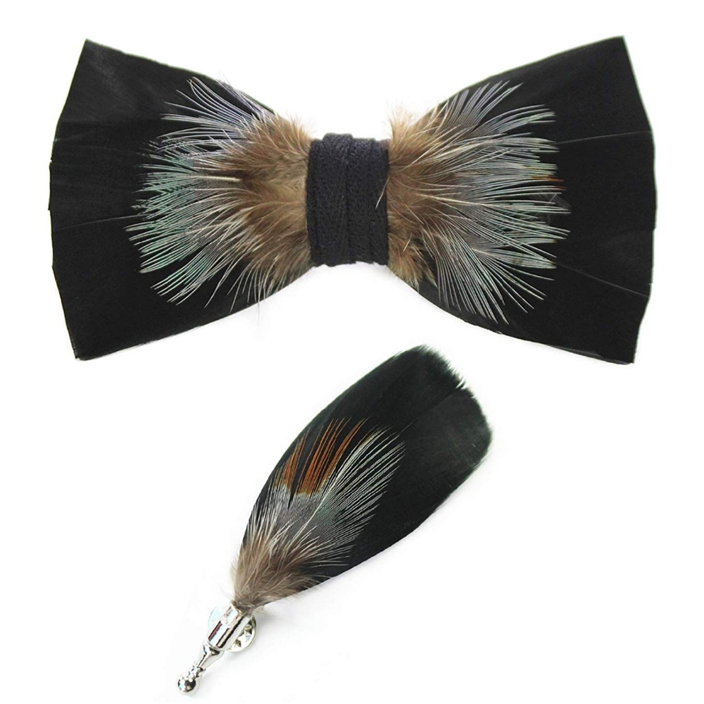 Mens Natural Feather Pre Tied Bowtie & Lapel Pin